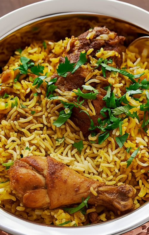 Biryani dish with yellow rice, chunks of meat, and green herbs in a metal bowl.