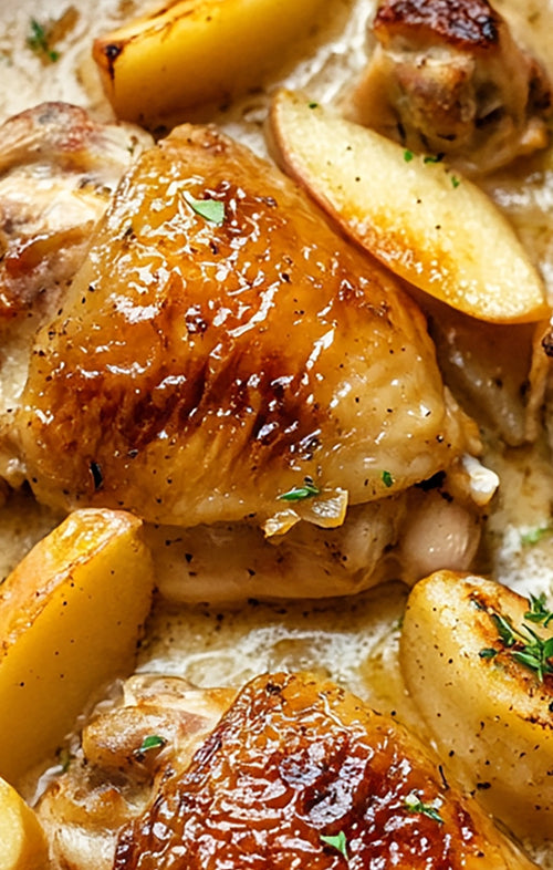 Close-up of roasted chicken with apples and herbs on a creamy sauce