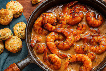 Skillet of shrimp in a creamy sauce with biscuits on the side